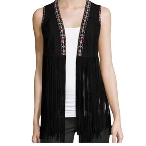 Lamarque Leather Black Fringe Embroidered Trim Vest Womens Sz S